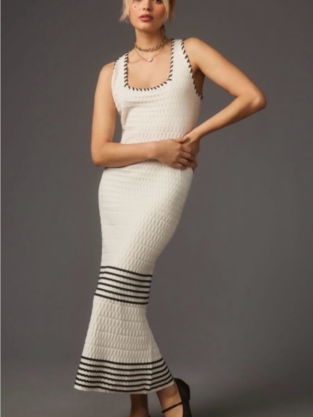 Anthropologie Cream Knit Tank Maxi Dress with Black Stripe Trim xs nwt
